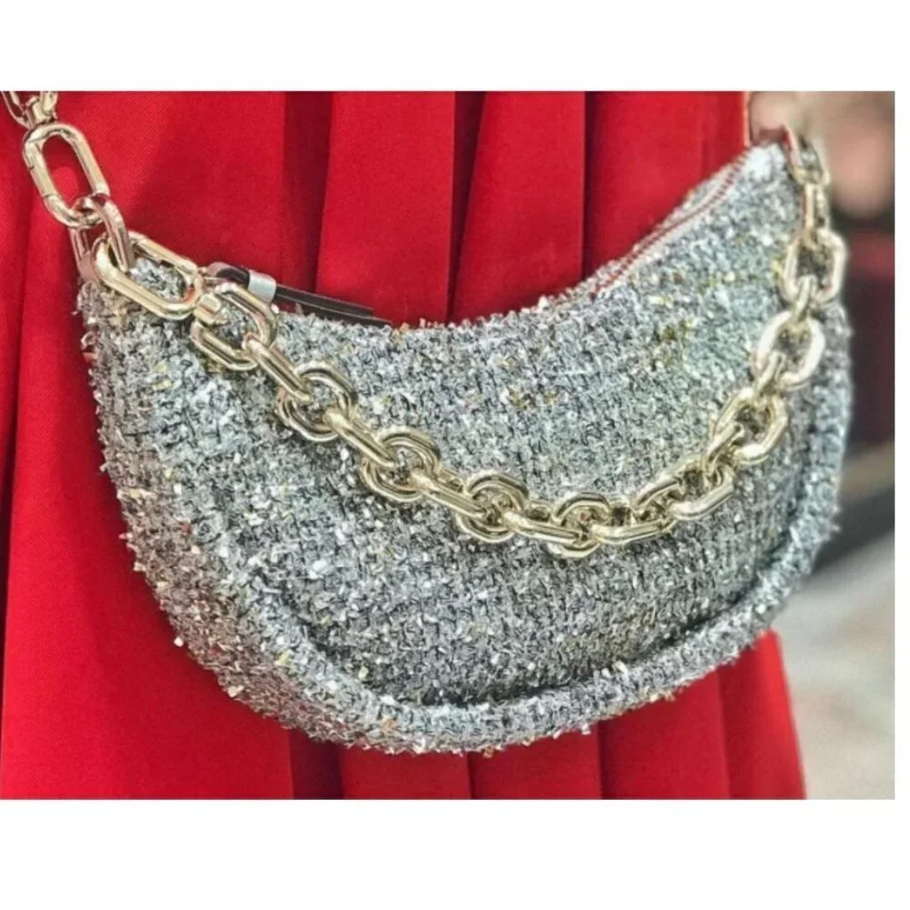 Kate Spade Smile Small Crossbody Silver Tweed Metallic Leather Chain Top Handle - Picture 11 of 12